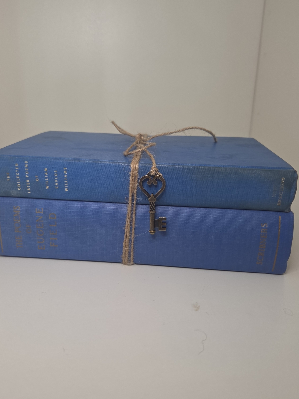 Vintage Blue Poetry Decorative Book Stack with Ornate Key. Set of 2 Hardcover